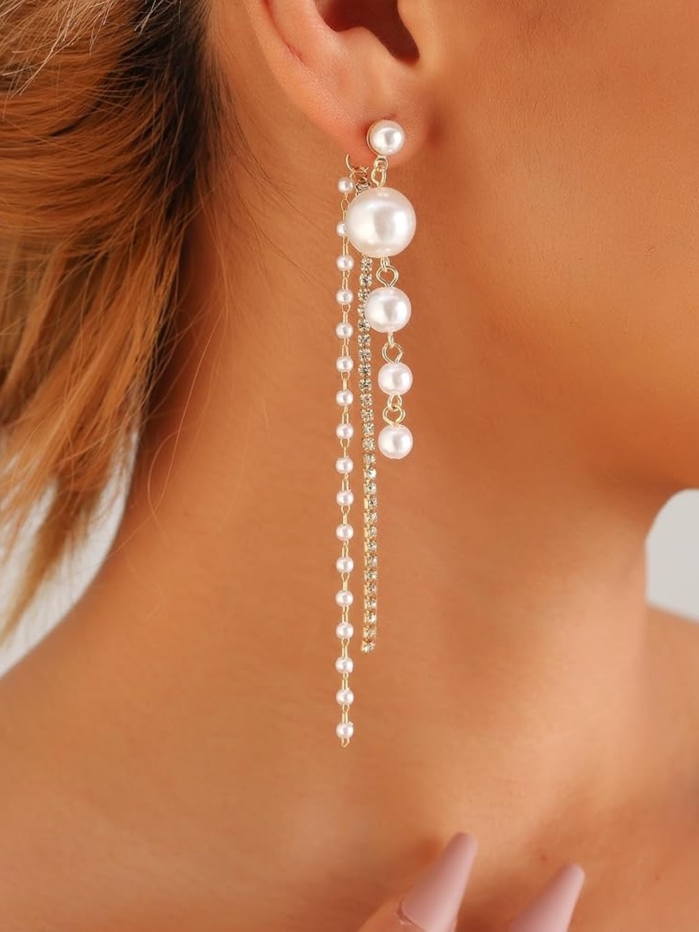 Pearl Drop Statement Earrings - Gold Tone - Picture 3 of 7